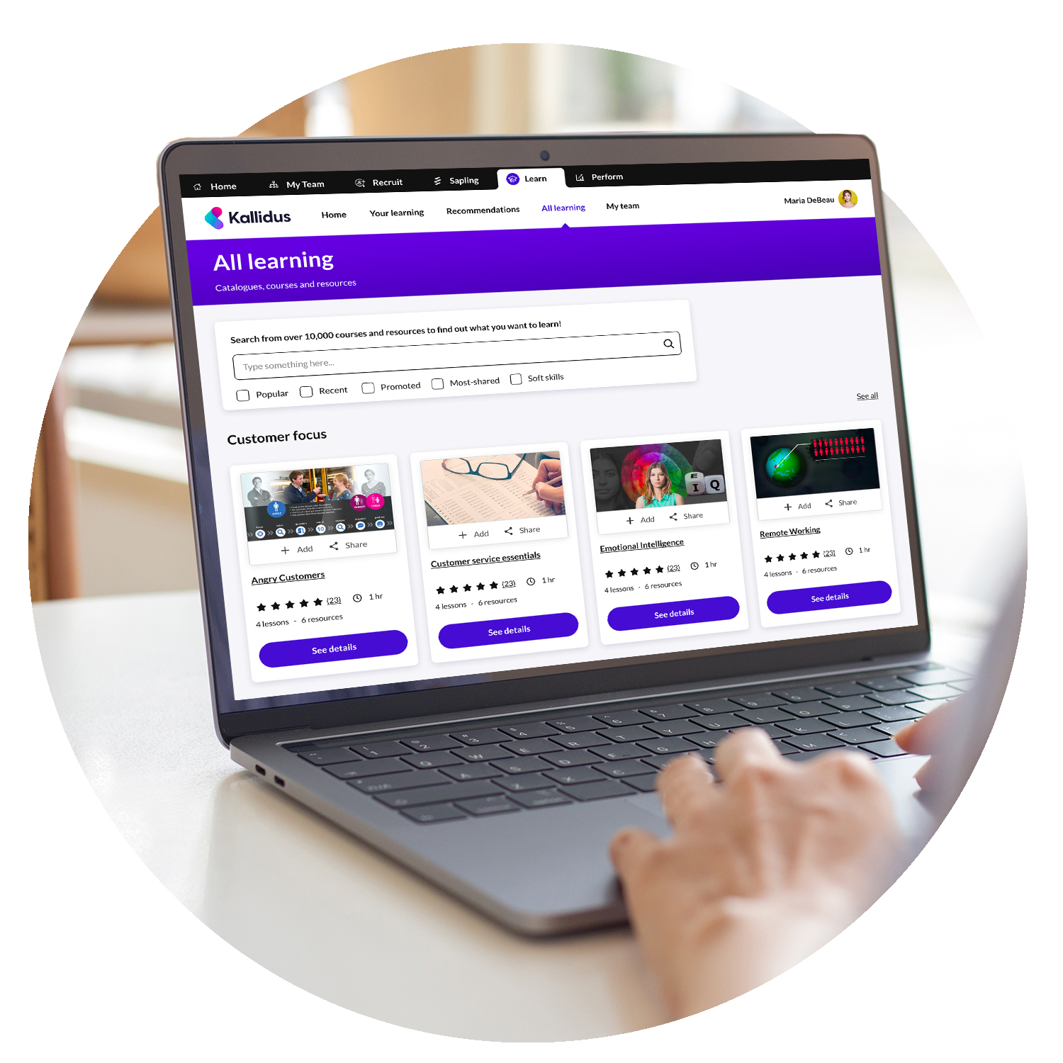 Learn LMS Laptop showing all available courses in Learn LMS