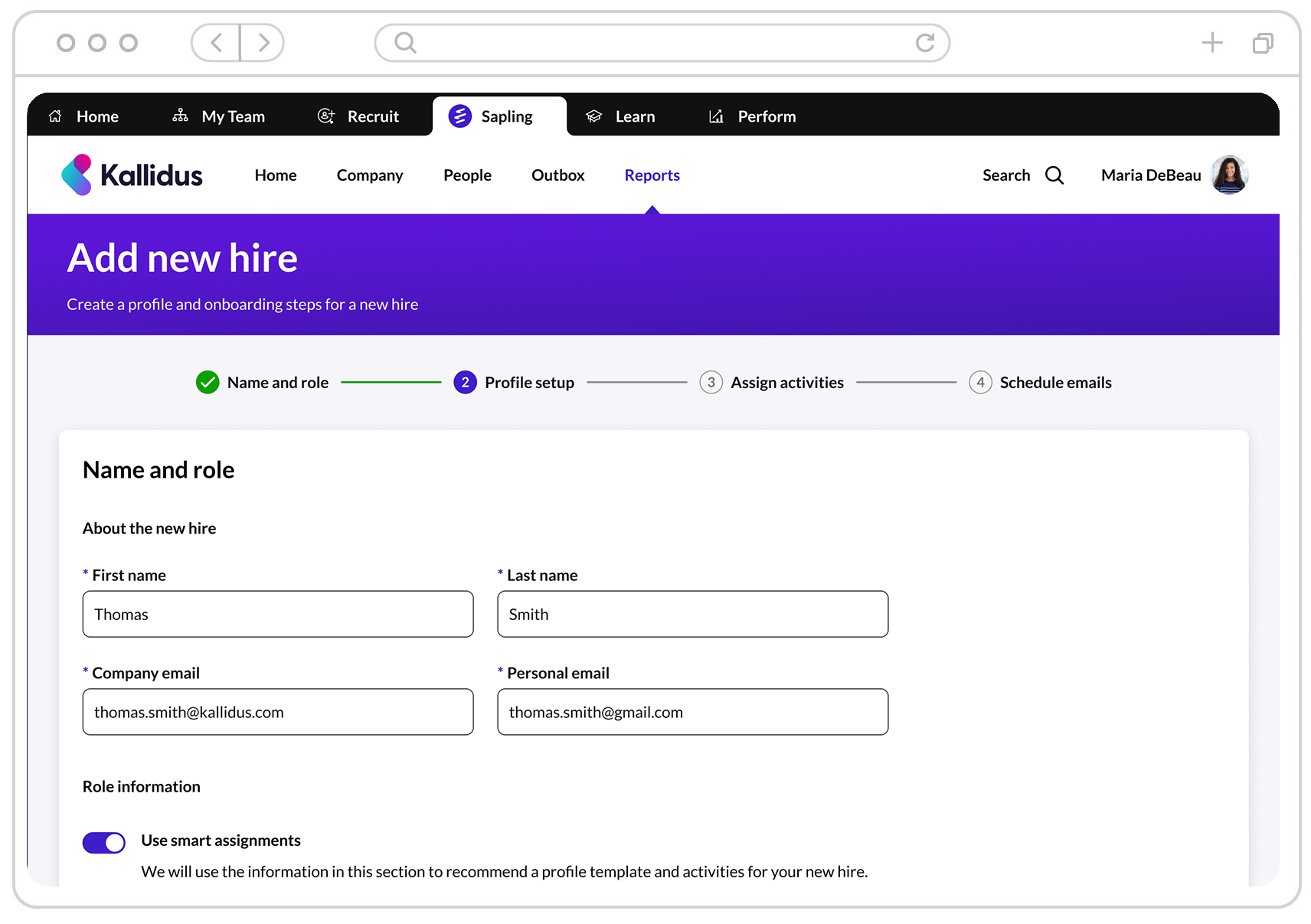 Image showing the add a new hire screen in Sapling HRIS