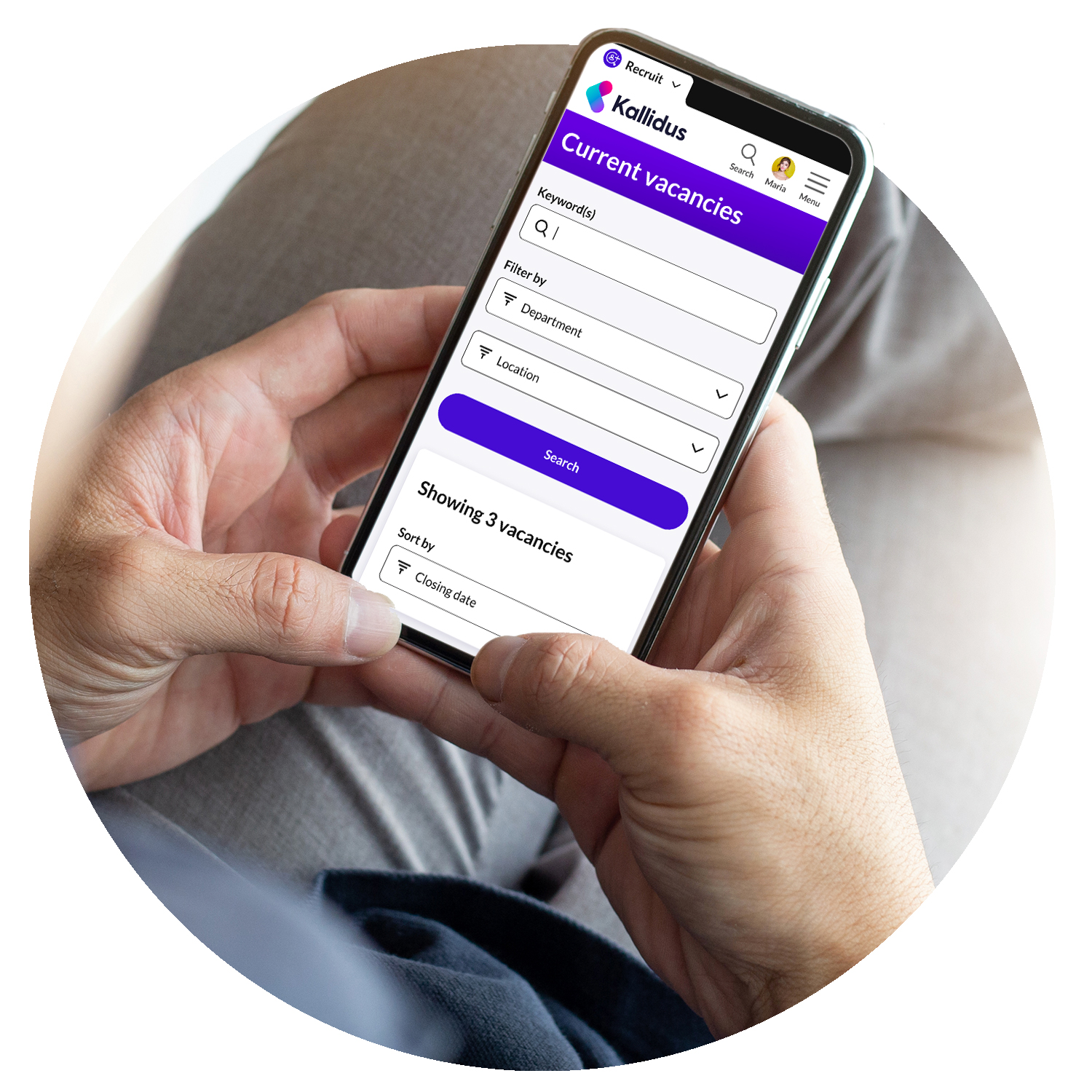 Mobile phone showing the current vacancies screen in Recruit ATS