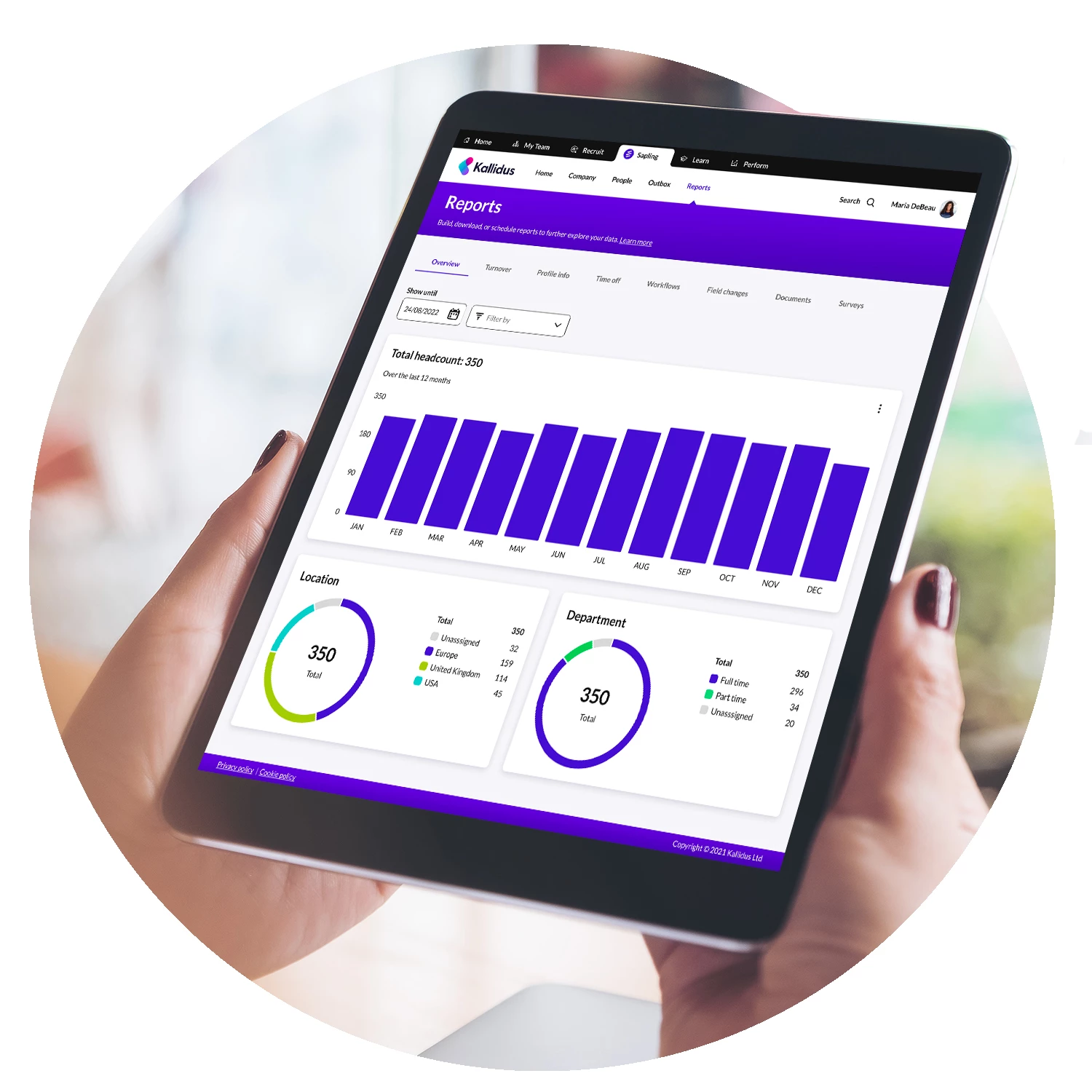 Tablet showing a headcount report in Sapling HRIS