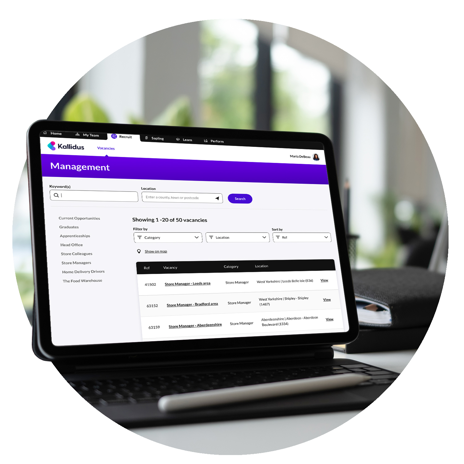 Recruit managers portal Laptop showing the management vacancies dashboard