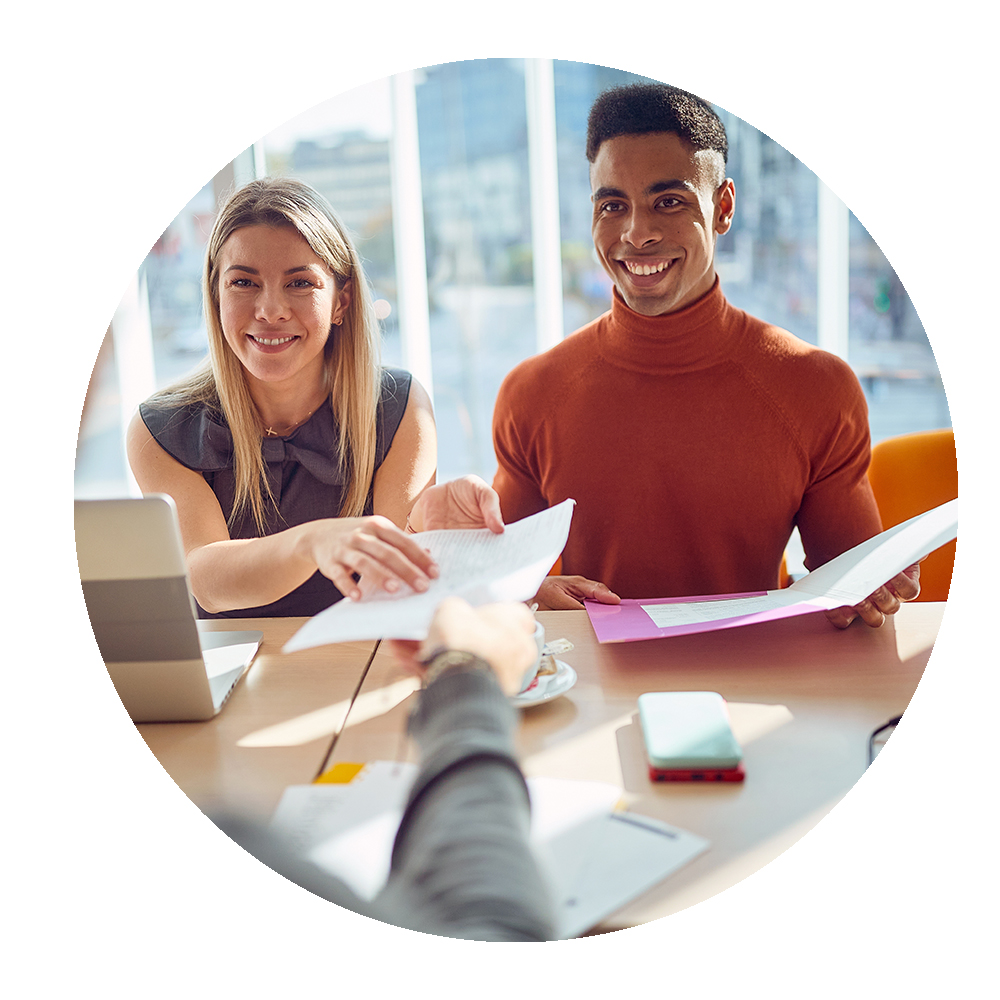 Circular image of an interviewee handing document to managers