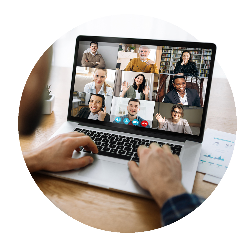 Circular image of remote worker speaking with colleagues through video call