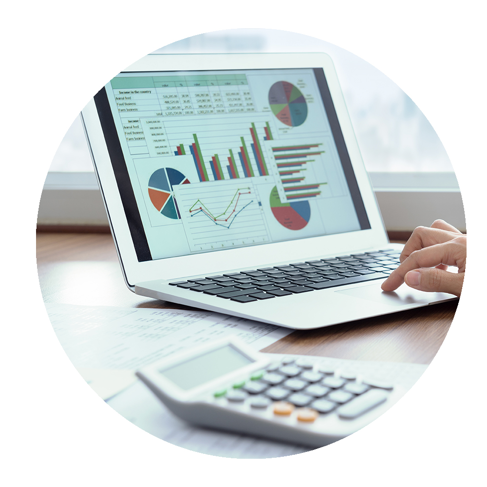 Circular image of office worker analysing different charts