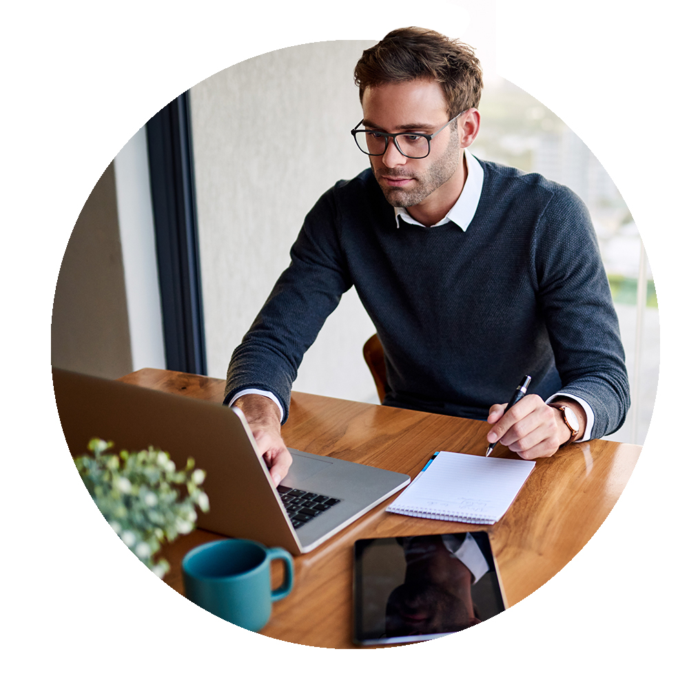 Circular image of office worker prioritising self-led learning