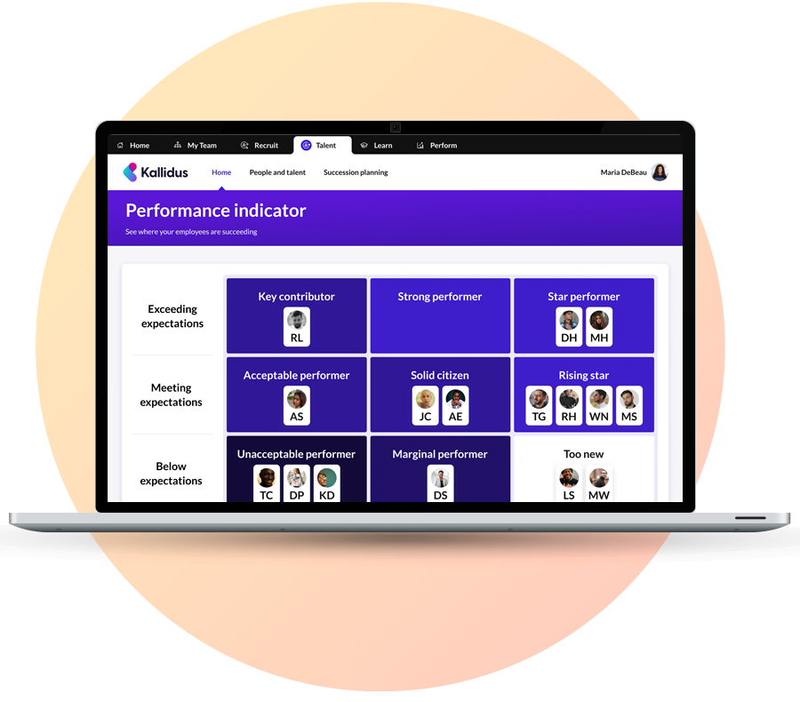 Laptop with a performance indicator dashboard in the talent management system