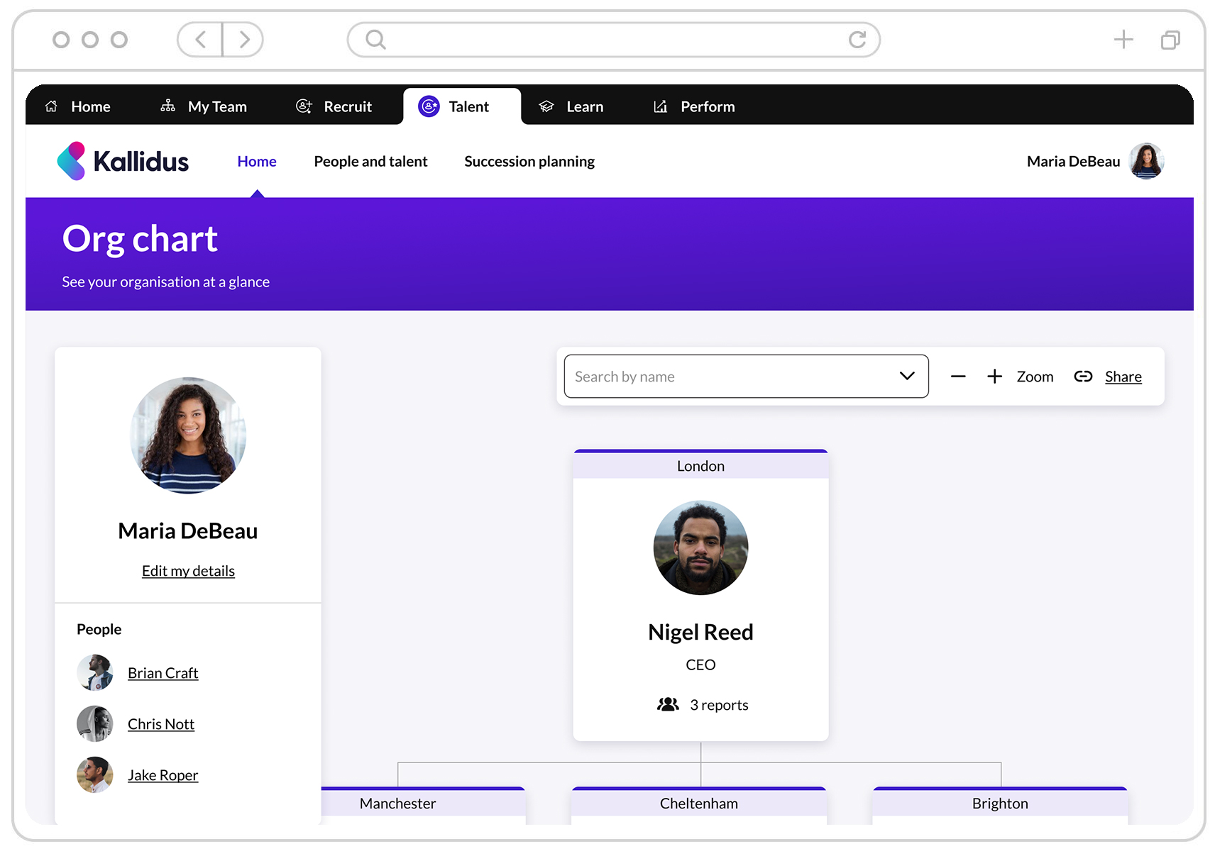 Image showing an org chart screen in our talent management platform