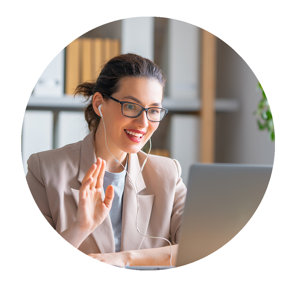 Circular image of office worker speaking on video call reading through engaging content