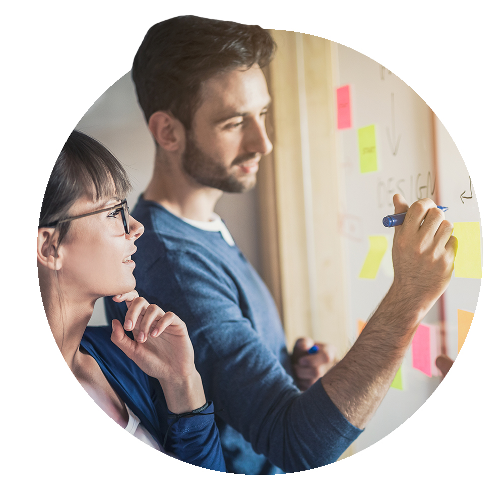 Circular image of office workers prioritising learning