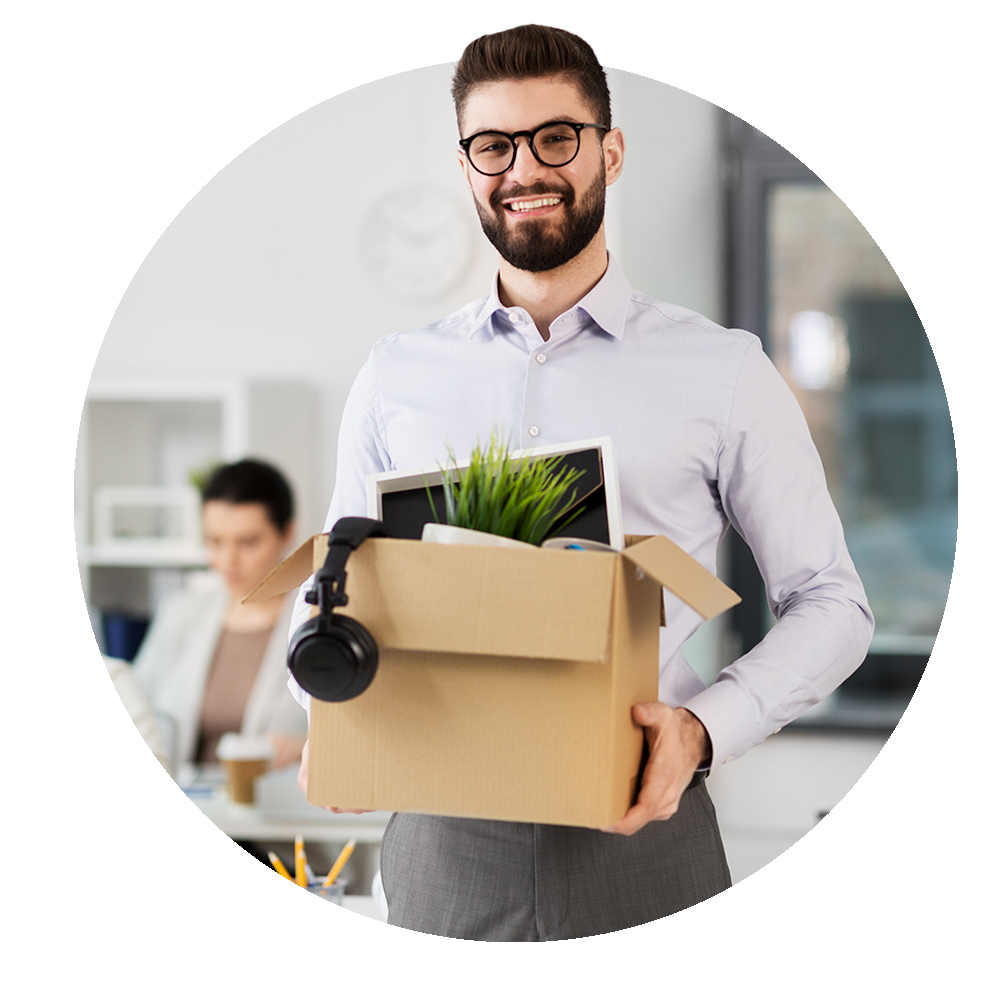 Circular image of office worker leaving for a new opportunity