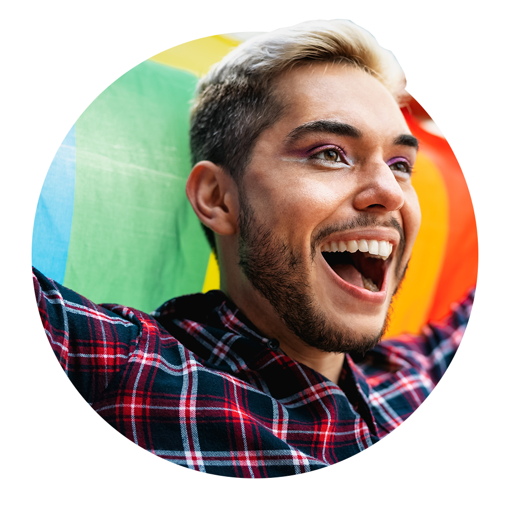 Circular image of person holding rainbow flag during pride