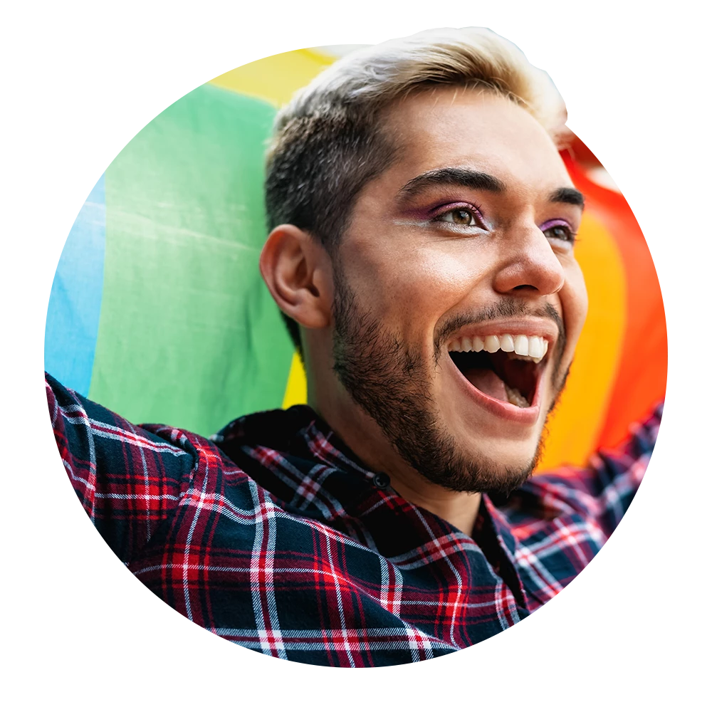 Circular image of person holding rainbow flag during pride