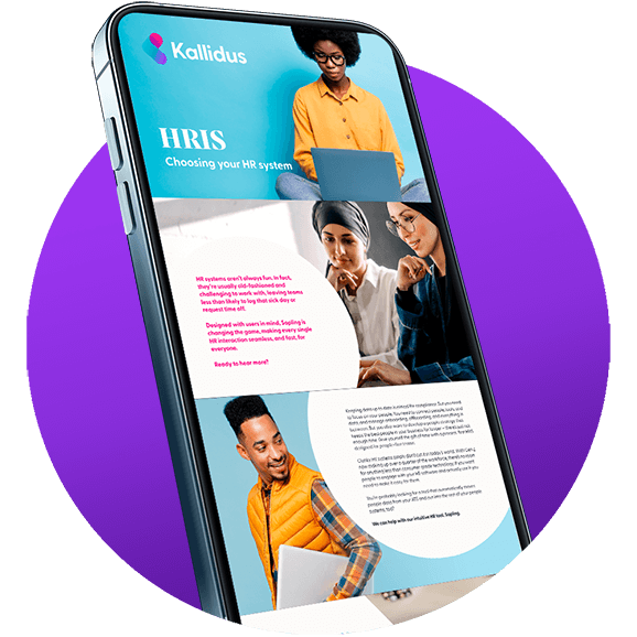 Graphic icon of a smart phone displaying the Kallidus HRIS buyers guide