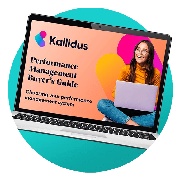 Circular graphic design of a laptop displaying the Kallidus Performance Management buyer's guide