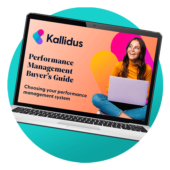 Circular graphic design of a laptop displaying the Kallidus Performance Management buyer's guide