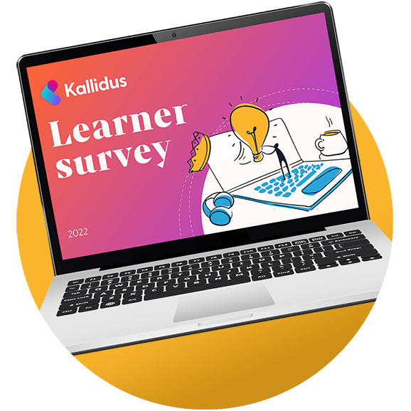Circular graphic design of a laptop displaying the Kallidus Learner Survey 2022