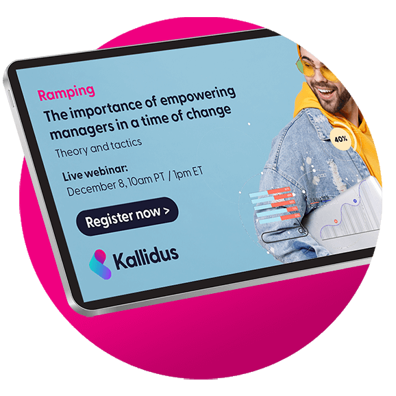 Circular graphic design of a tablet displaying Kallidus webinars