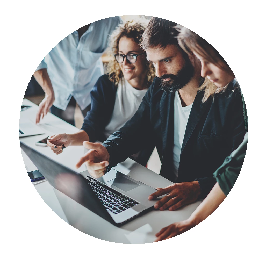 Group of colleagues learning through a course delivered via Learn LMS - circular image Group of colleagues learning through a course delivered via Learn LMS - circular image