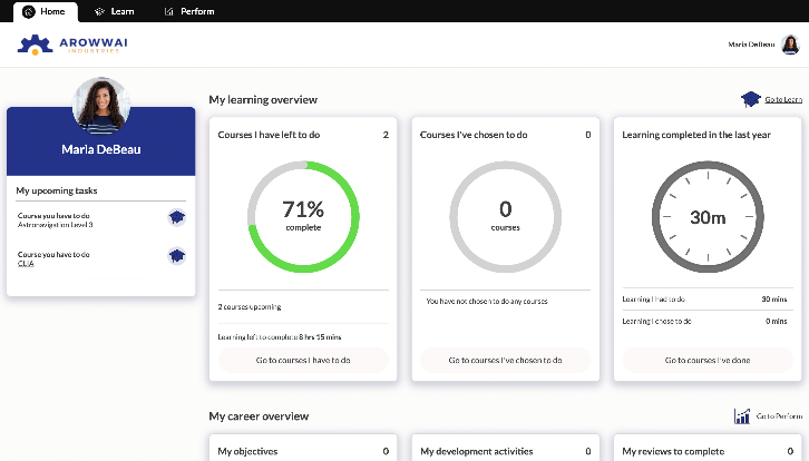 Screenshot of reporting of an individuals Learn LMS dashboard