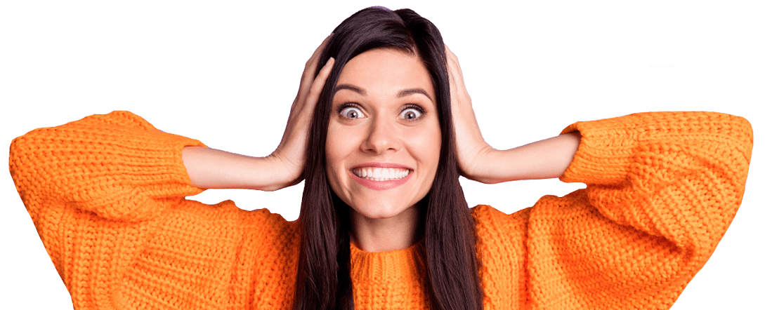 Woman holding her head wearing orange jumper