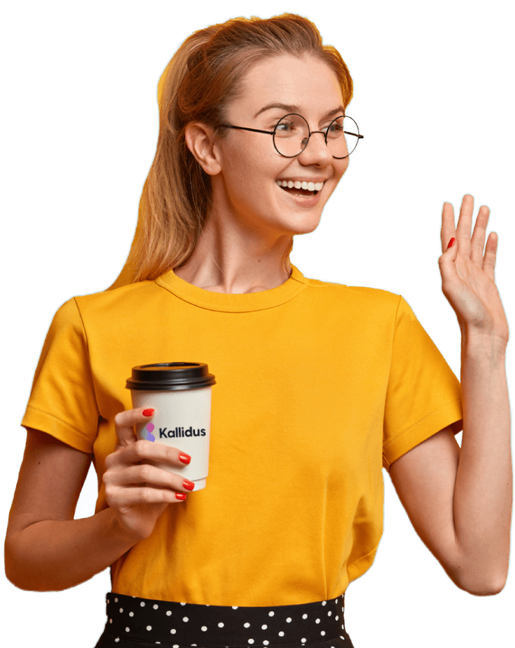 Happy Kallidus employee waving and holding a branded cup of coffee